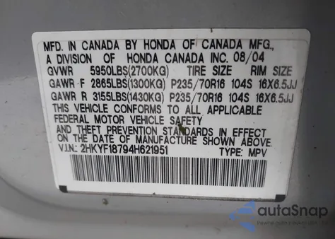 2004 Honda Pilot Ex-L from USA, damaged, VIN 2HKYF18794H621951